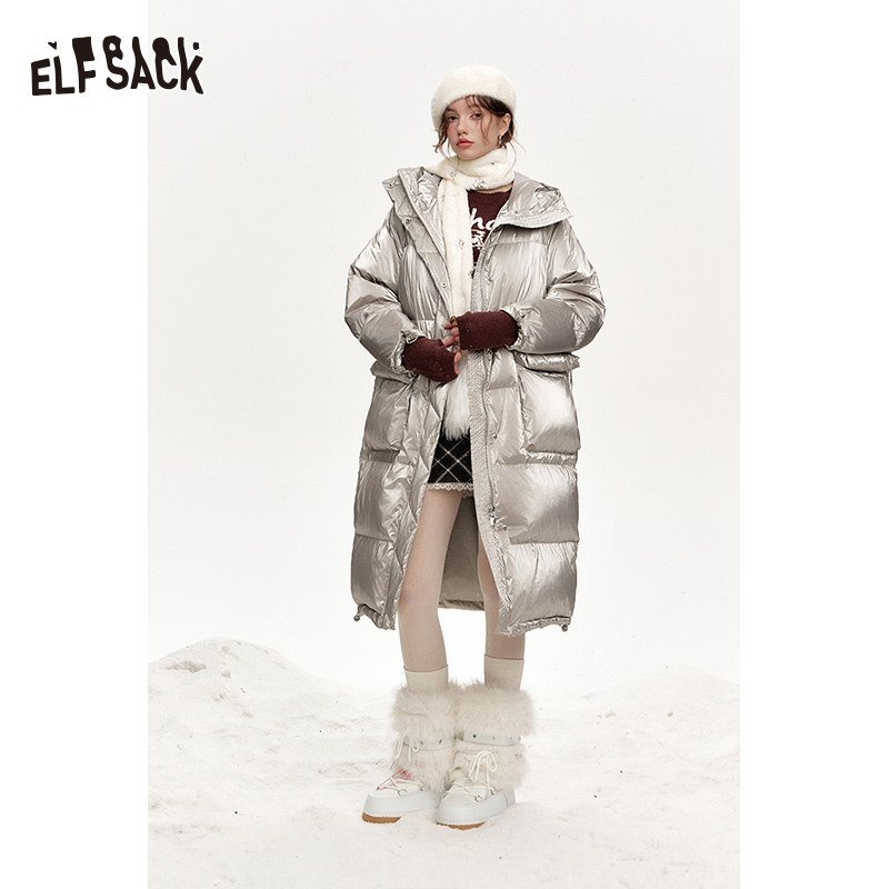 ELFSACK-Doudoune longue à capuche avec poches à cordon pour femme, nouveautés, hiver 2024