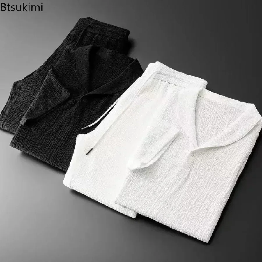 Conjuntos informales de estilo coreano para hombre, ropa de calle a la moda, Tops cómodos con solapa lisa y pantalones, traje para correr, chándal, verano 2025