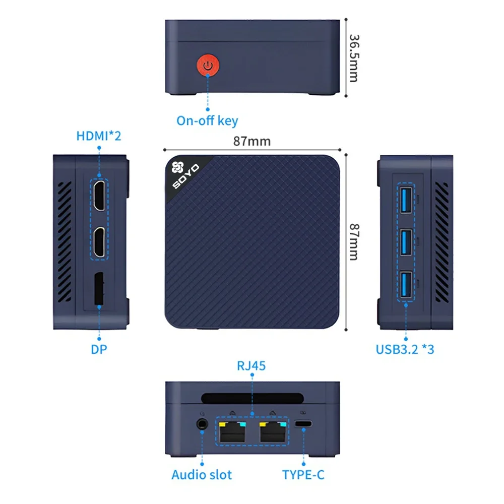 SOYO Mini PC M4 Mini Intel Twin Lake-N150 CPU 12GB DDR5 4800MHz M.2 2242 512GB SSD WiFi5.0 BT5.1 USB3.2 Type-C draagbare computer