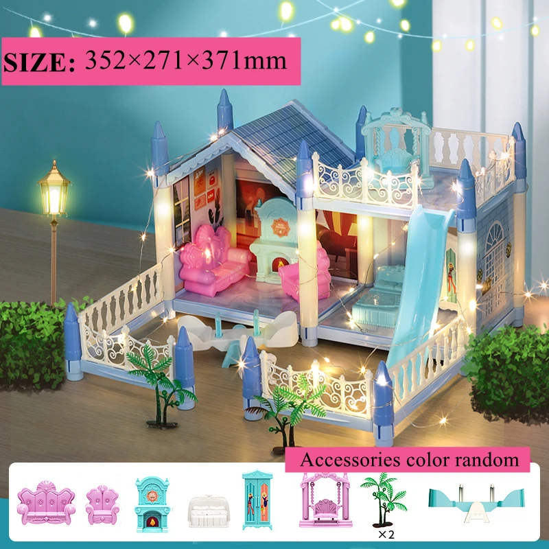 ไฟ LED ของขวัญวันเกิดเด็กหญิงบ้านของเล่นประกอบ3D แบบ DIY บ้านตุ๊กตาขนาดเล็กอุปกรณ์เสริมบ้านตุ๊กตาเจ้าหญิงวิลล่าปราสาท