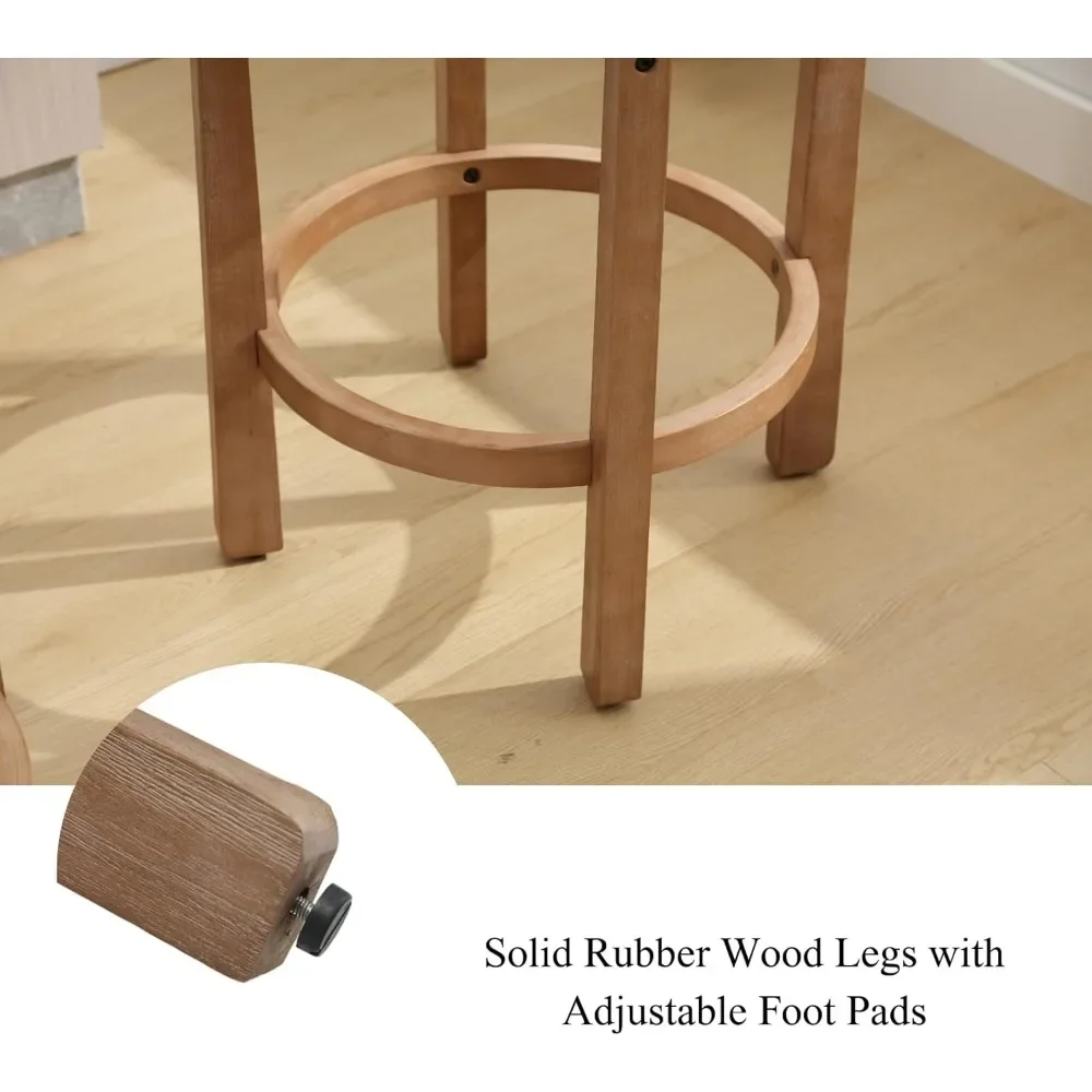 Mid Century Linen Counter Stools Set of 4, Upholstered 26.5” Seat Height Low Barstools with Natural Wood Legs Round Low