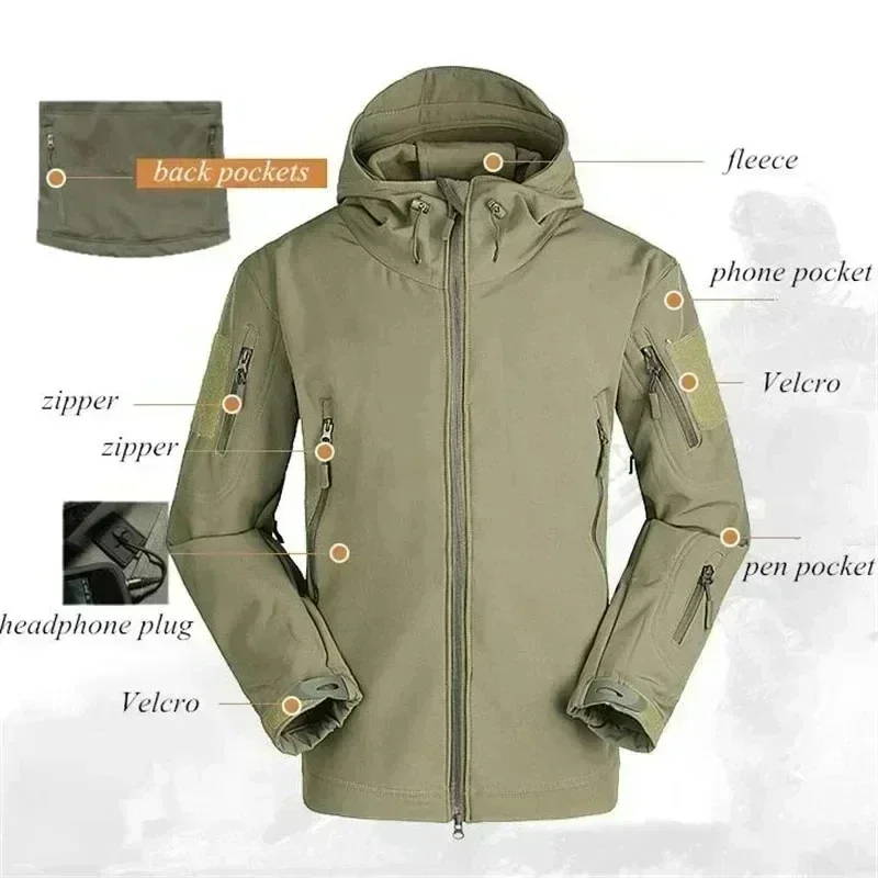 6xl tad tático masculino caça caminhadas pesca explorar roupas terno camuflagem pele de tubarão caça à prova dwaterproof água com capuz jaqueta + calças