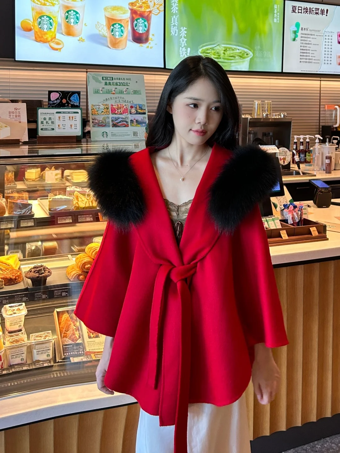 Casaco solto com gola de pele raposa real para mulheres, mistura de lã e caxemira, jaqueta de inverno grossa e quente, punhos e cinto, streetwear, 2023