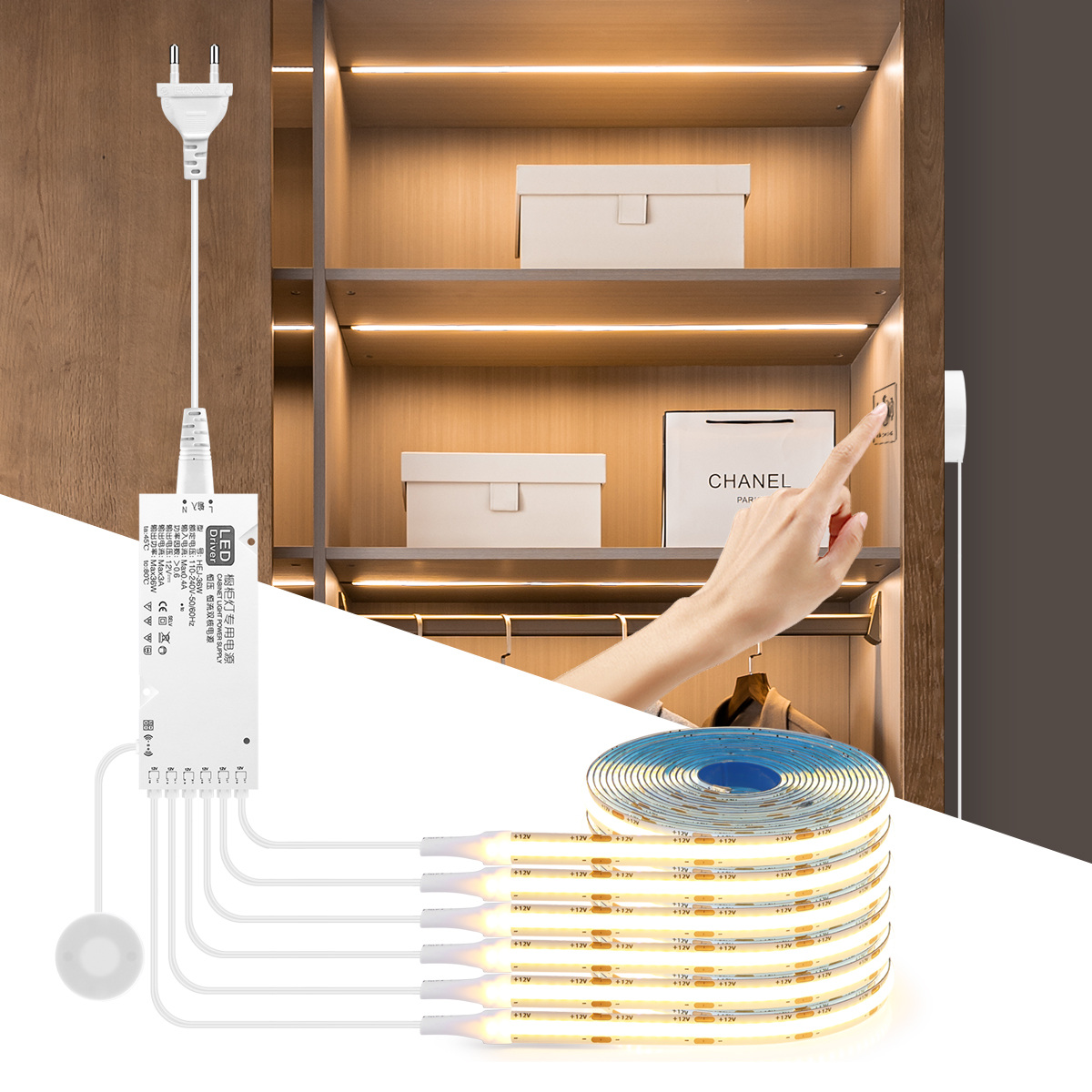 Regulável led armário de luz tira cob prateleira da cozinha despensa vitrine quarto armário backlight lâmpada mão toque sensor movimento interruptor