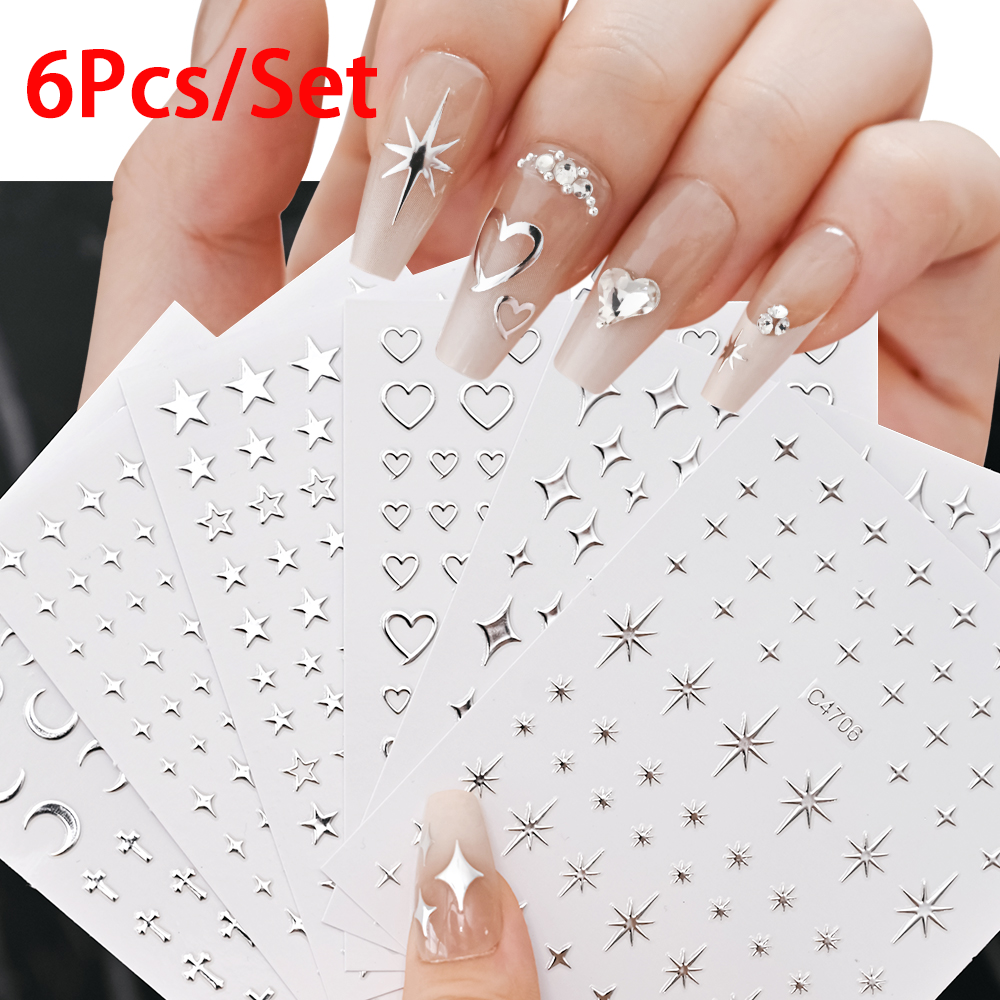 6 sztuk/zestaw metalowa srebrna gwiazda/serce/księżyc 3D naklejki do paznokci 8*10cm Hollow miłość/krzyż samoprzylepny suwak luksusowe naklejki do Manicure