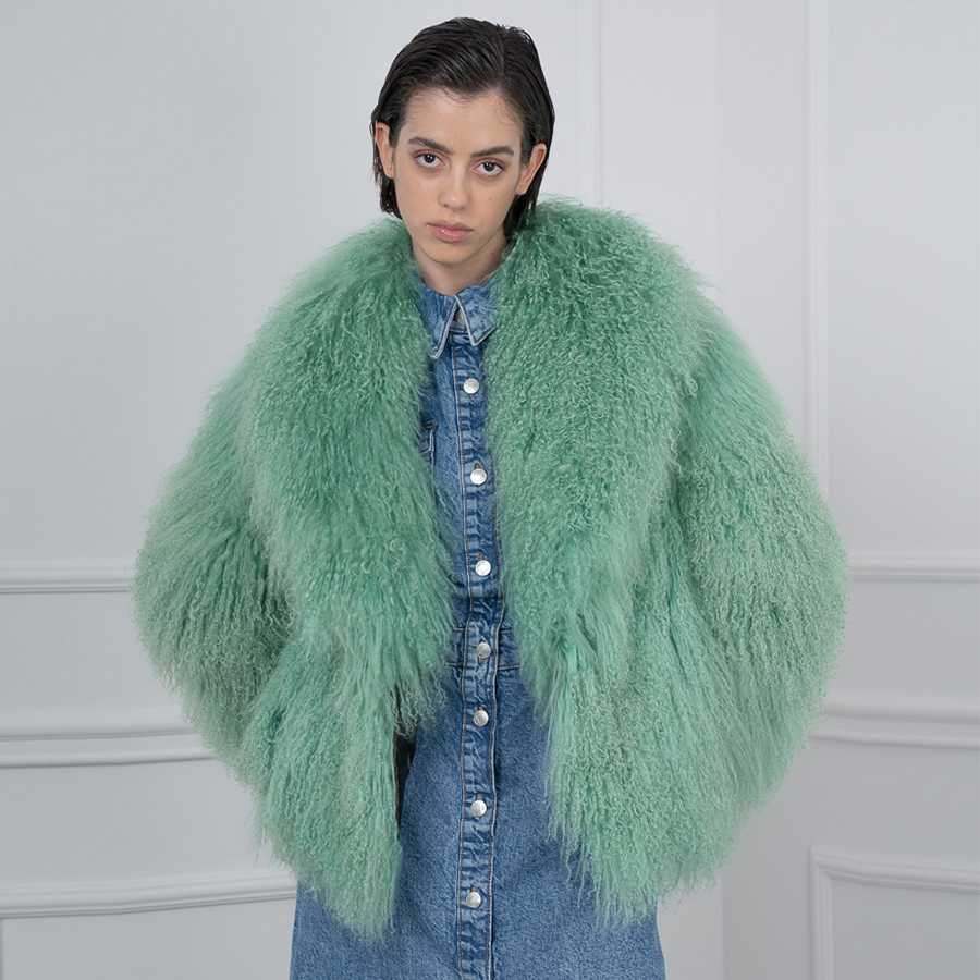 Casaco de pele real feminino casaco de pele de carneiro natural luz verde mongol cordeiro jaqueta com gola xale casacos de inverno mulher 2024 quente
