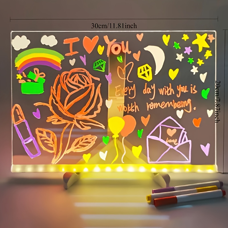 1Pc Led Light up Drawing Board, Erasable Acrylic Message Board with 7-Color Pen&Night Light&Base Stand&Wipe Cloth,Usb Powered for Creative Activities, Reusable Doodle Board with Stand,Safe Non-Toxic Material,Acrylic Message Board,Drawing Board