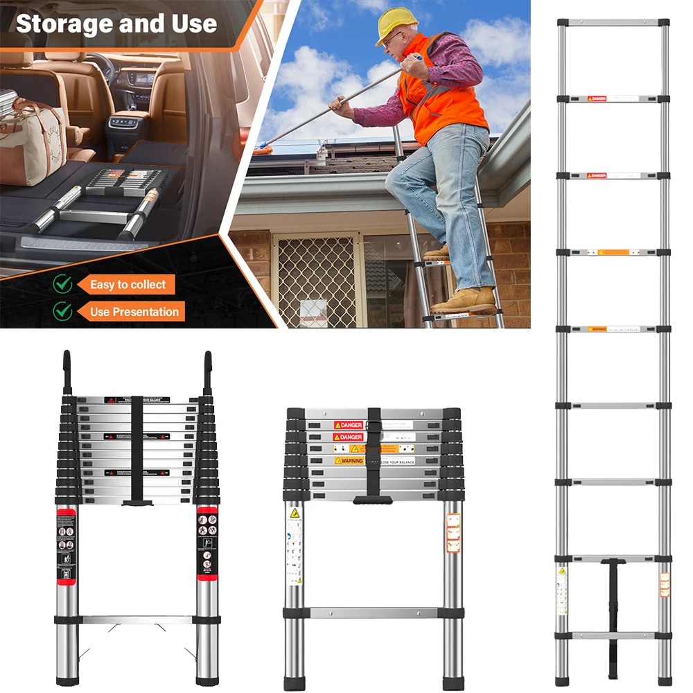 2.6m Telescopic Ladder Stainless Steel Convenient Extendable Folding Ladder,Easy To Carry, Suitable For Pulling Walls, Changing