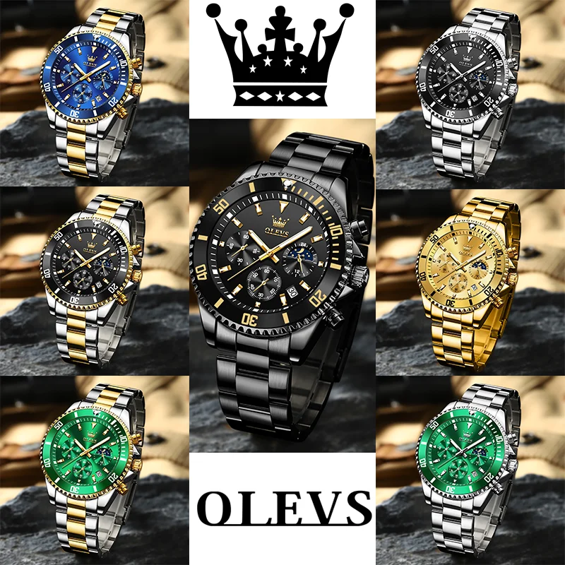 Relojes OLEVS para hombre, relojes de lujo de primeras marcas para hombre, cronógrafo Original resistente al agua de acero inoxidable, fase lunar, fecha, esfera giratoria