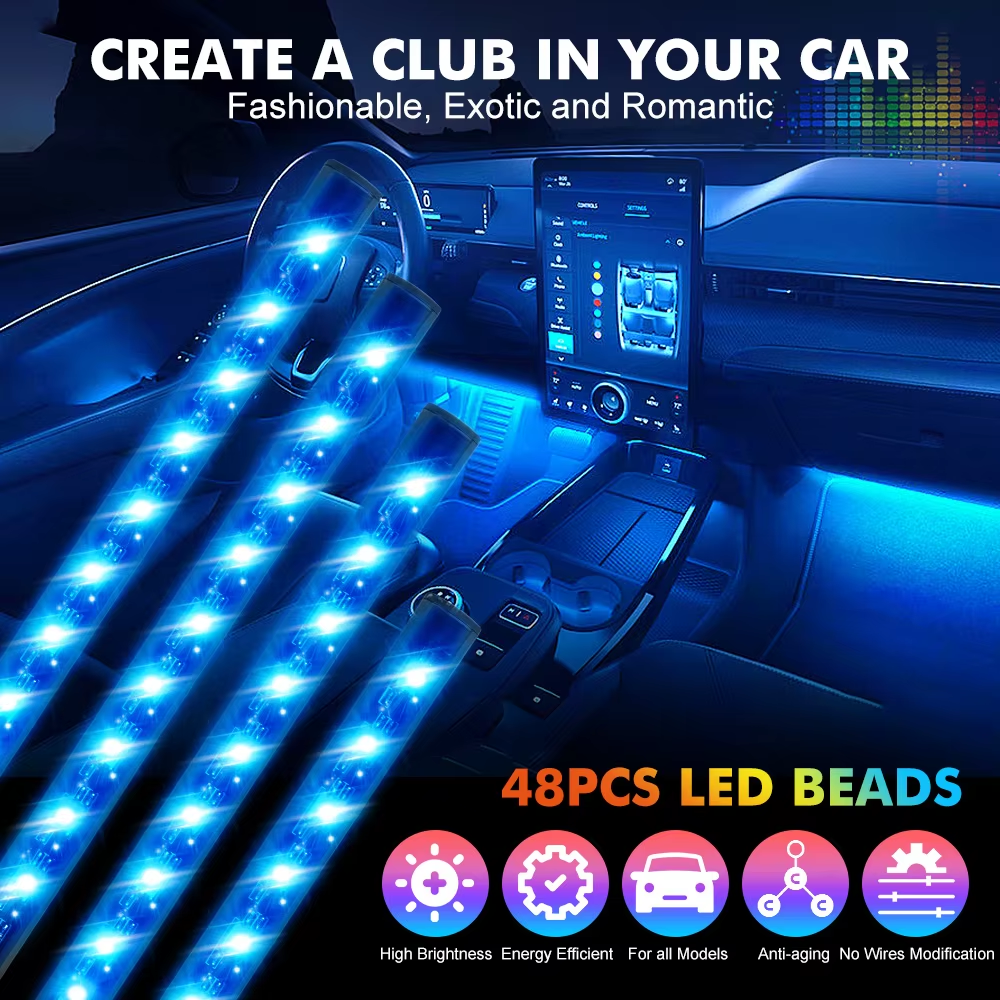 Tira de luces LED de neón para decoración de interiores de automóviles, 48 ​​luces LED RGB multicolores con control remoto y enchufe USB