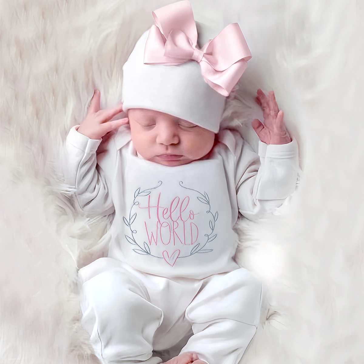 Ylsteed „Hello World” haft rekwizyty do fotografii noworodkowej kombinezon dla niemowląt z kokardką kapelusz dziecko powrót do domu strój prezent dla dziecka