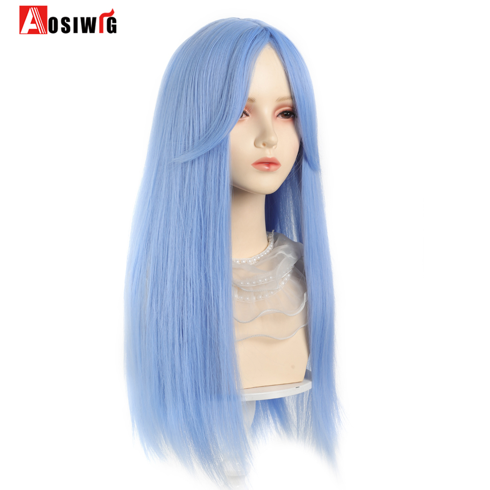 Aosi-女性用フリンジ付き合成ロリータウィッグ,長く滑らかな青いかつら,毎日のコスプレ,ハロウィーン,ピンク