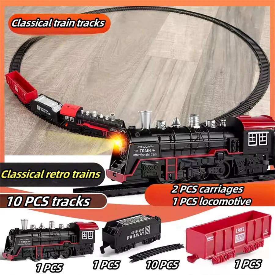 Conjunto de trilhos de trem elétrico com luzes, som, simulação retrô, modelo de carro ferroviário, brinquedos ferroviários para crianças, presente de natal