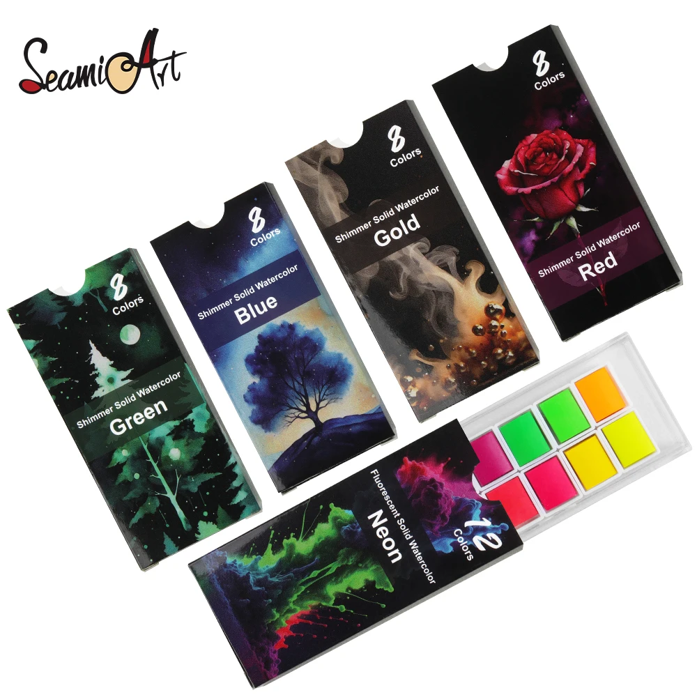SeamiArt 8/12 colori portatile Glittery Metallica Set di pittura ad acquerello solido per forniture artistiche per pittura a colori ad acqua