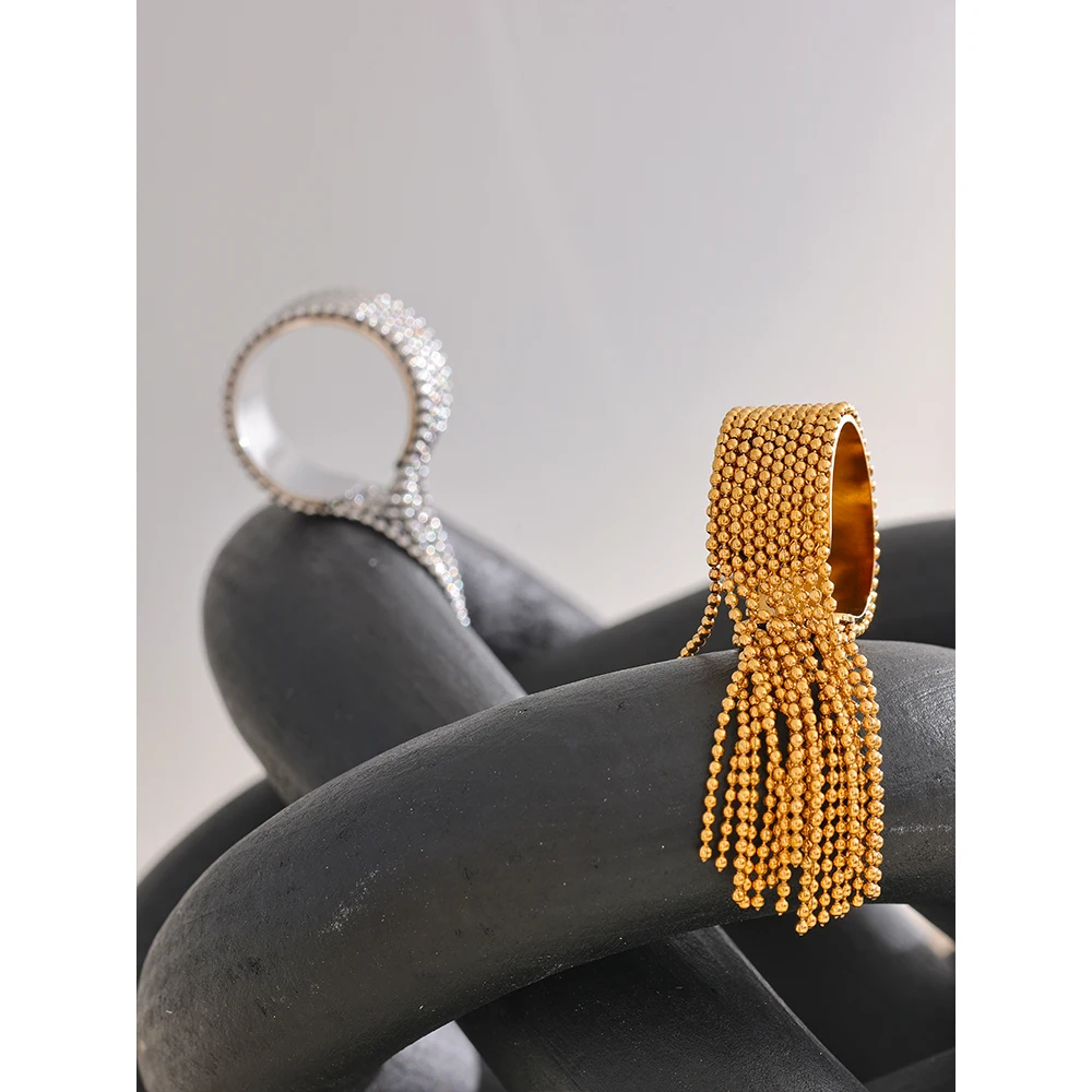 Yhpup Statement สแตนเลสสตีลพู่แหวนนิ้วมือปรับ 18K PVD ชุบคุณภาพสูง Charm Stylish Golden เครื่องประดับ