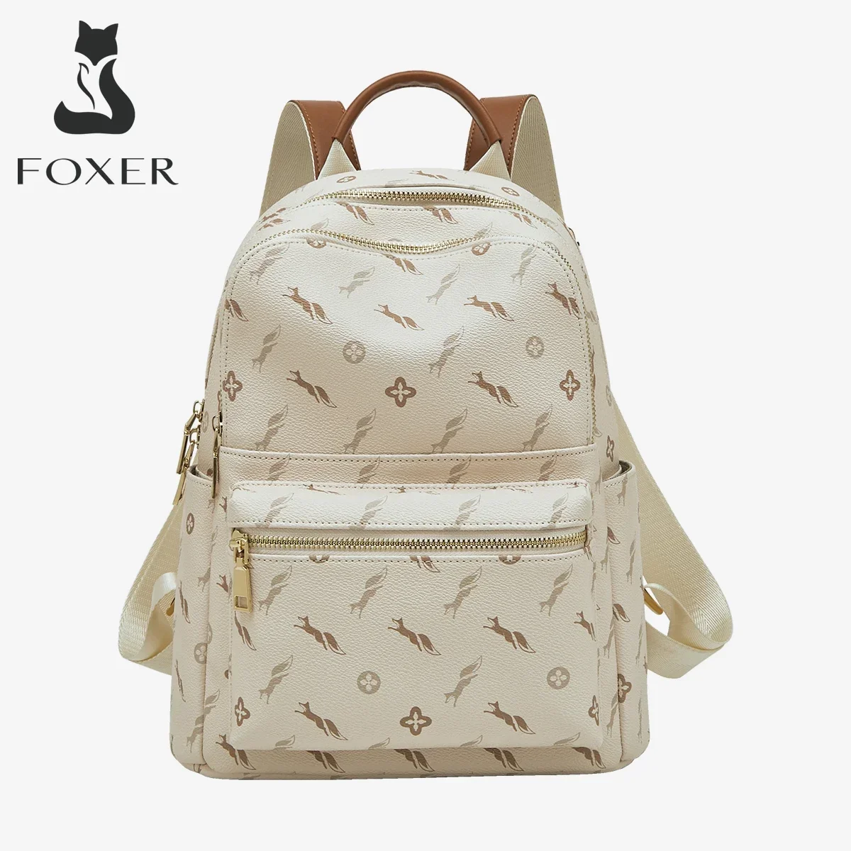 FOXER Women's Backpack Signature PVC Printing Fashion Travel Shoulder Bag Ladies Travel Rucksack Female Casual Monogram Backpack