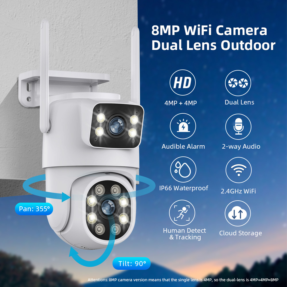 Cámara de vigilancia en exterior de 8MP, lente Dual, pantalla Dual, seguimiento automático AI, vídeo IP, Wifi, PTZ, CCTV, Audio bidireccional