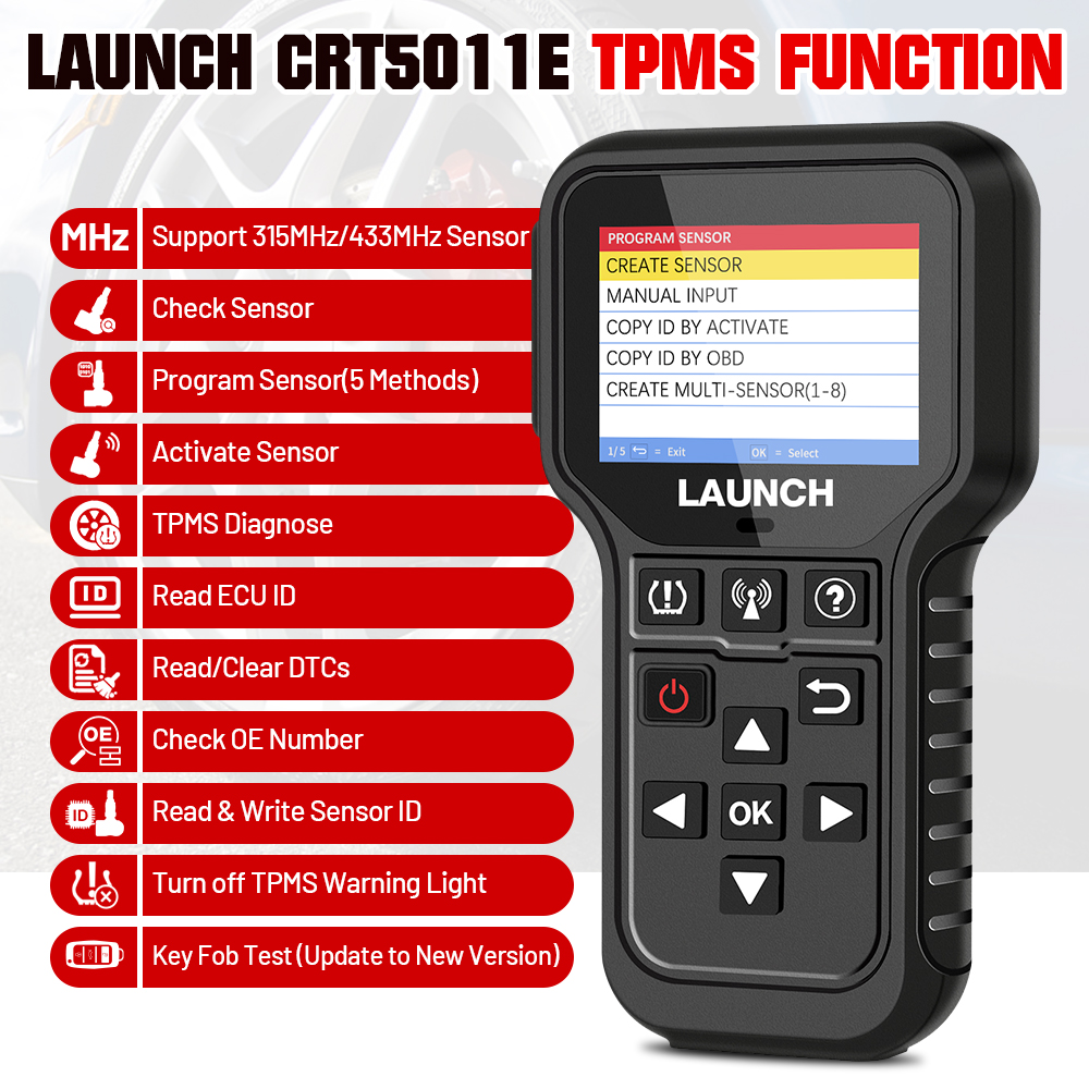 LAUNCH X431 CRT5011E TPMS-Diagnosegerät, Reifendruck, 315 MHz, 433 MHz, Aktivierungssensor, OBD, automatisches stationäres Nachschubprogramm