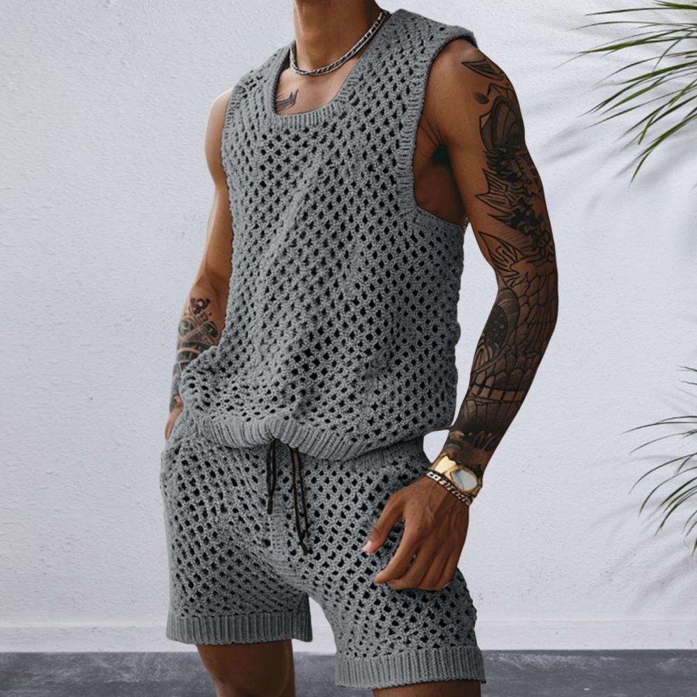 Vest Shorts Set Men's Casual Sleeveless Knit Top Drawstring Shorts Set for Daily Wear Elastic Waist Wide Leg Shorts for Men's