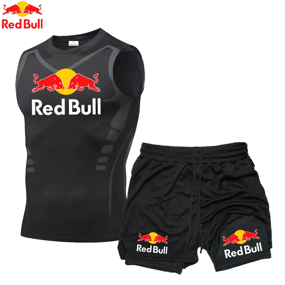 Quick Dry Running Red Bull Vests Men Double Deck 2 in 1 Shorts Sets Rashgard Fitness Sport Gym Tank Tops Set For Mens