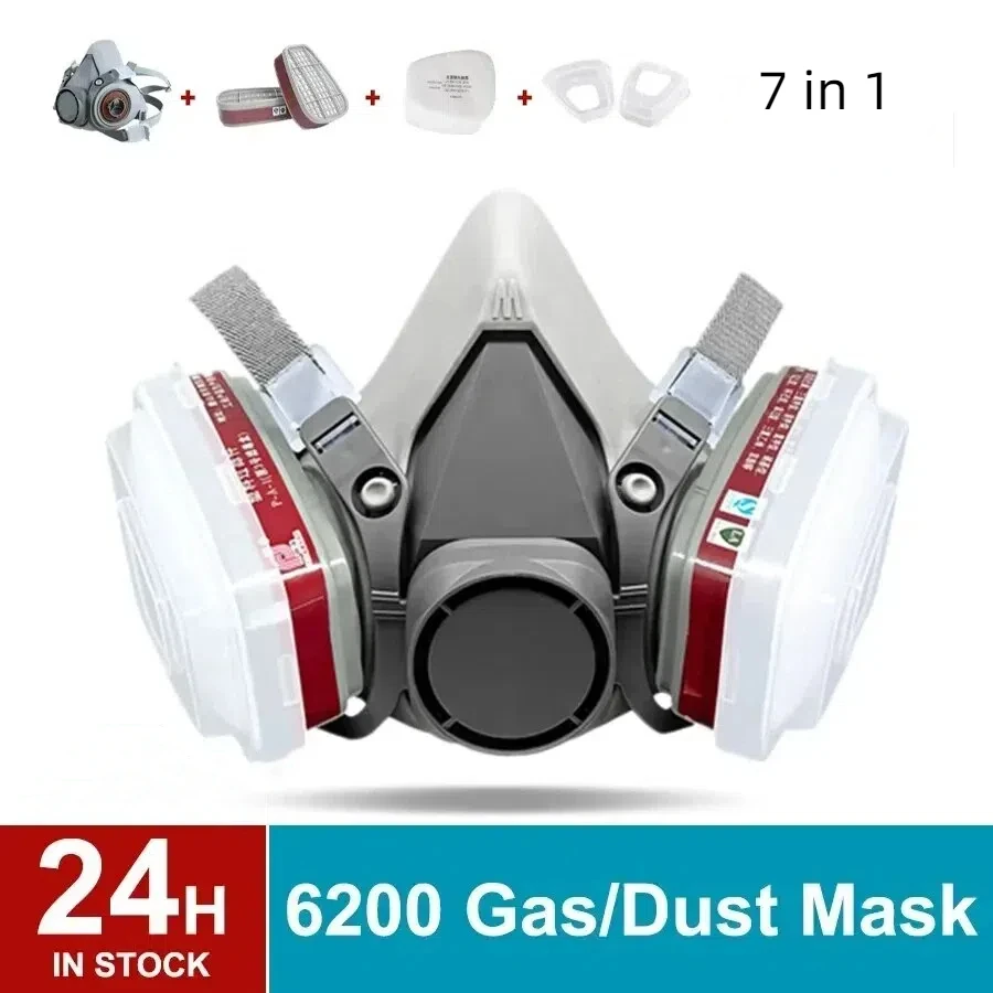 7 in 1 Original 6200 Respirator Reusable Half Face Cover Gas Mask with Cotton Filter Goggles for Painting Spray Polishing Work