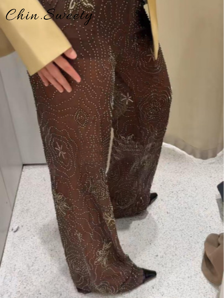 Sexy kralen sneeuwvlok doorzichtige broek vrouwen losse bruine lage taille wijde pijpen broek vrouwelijke 2025, zomer dame Y2K streetwear