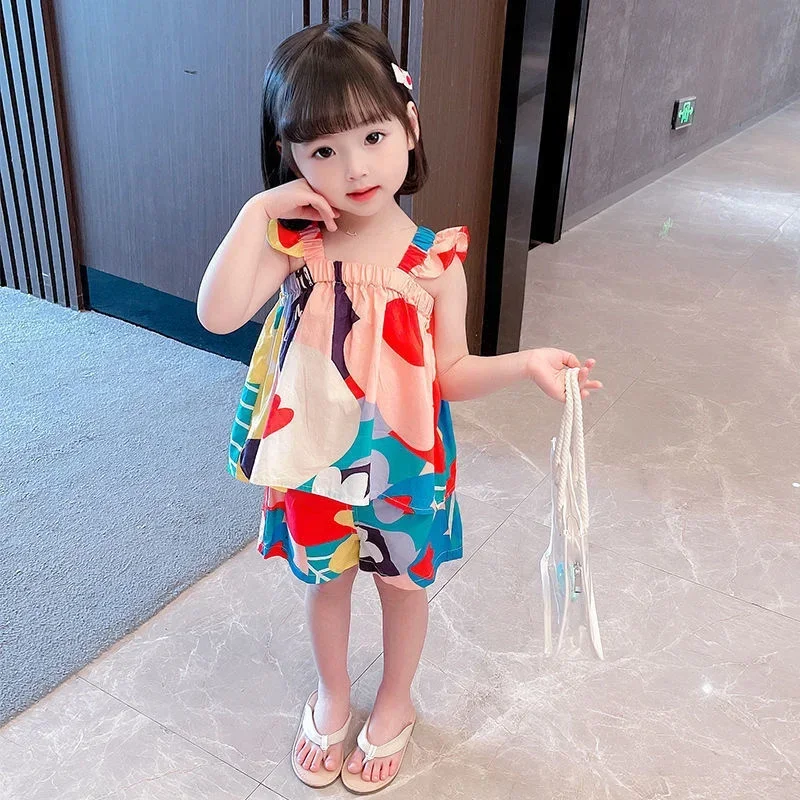 Conjuntos de ropa de verano para niñas, Top con tirantes, chaleco Floral a juego de colores + pantalones informales para niños, traje de ropa para niños pequeños