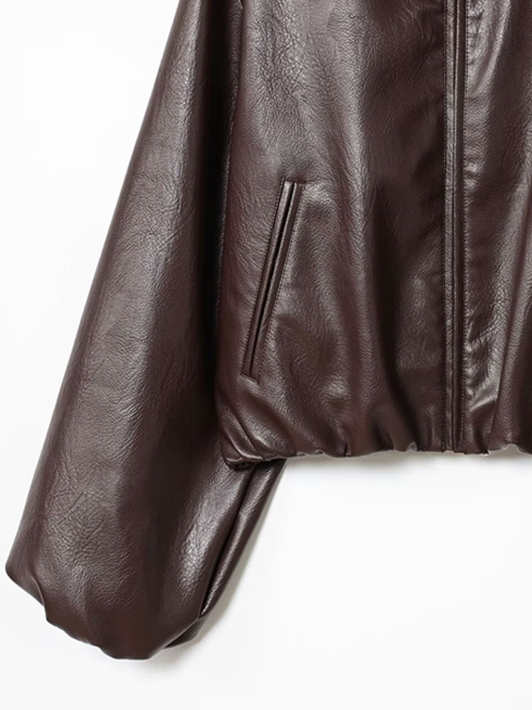 Dames kunstleer bomberjack met lange mouwen, chique bovenkleding, elastische zoom, damesmode top