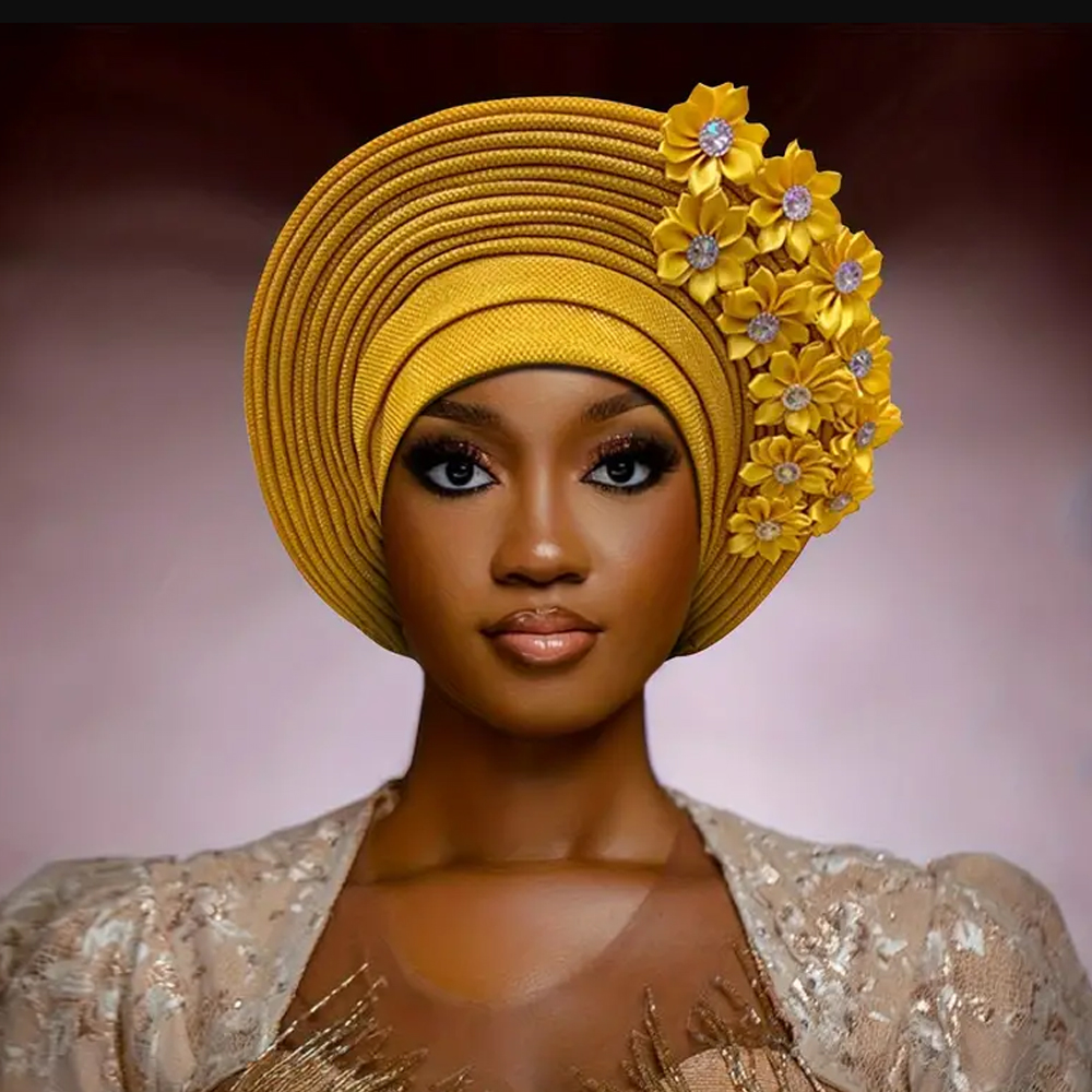 2024 Neue afrikanische Kopfbedeckung, Turban, Nigeria-Kopfbänder mit Blumen, bereits hergestellt, Auto-Gele-Frauen-Kopfwickel für Hochzeitsfeier