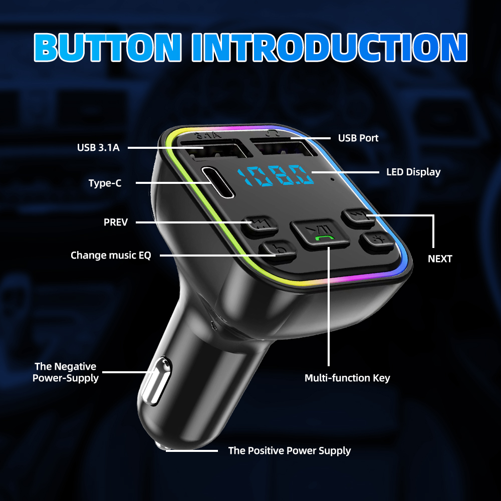 Автомобильный Bluetooth 5,0 FM-передатчик PD Type-C Dual USB 3.1A Быстрое зарядное устройство Красочный окружающий свет Громкая связь MP3-модулятор Плеер