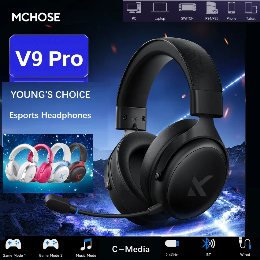 Auriculares originales MCHOSE V9Pro Music Esports para videojuegos, micrófono inalámbrico de reducción de ruido de 3 modos, accesorios para Pc montados en la cabeza personalizados