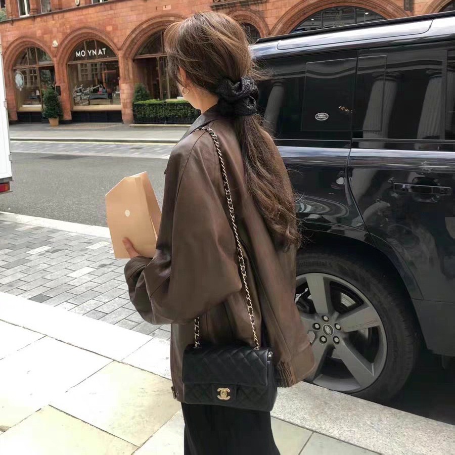 黒 Pu レザージャケット女性の春秋ルーズオートバイスタイルジッパー襟ヴィンテージファッション通勤に優しいコート