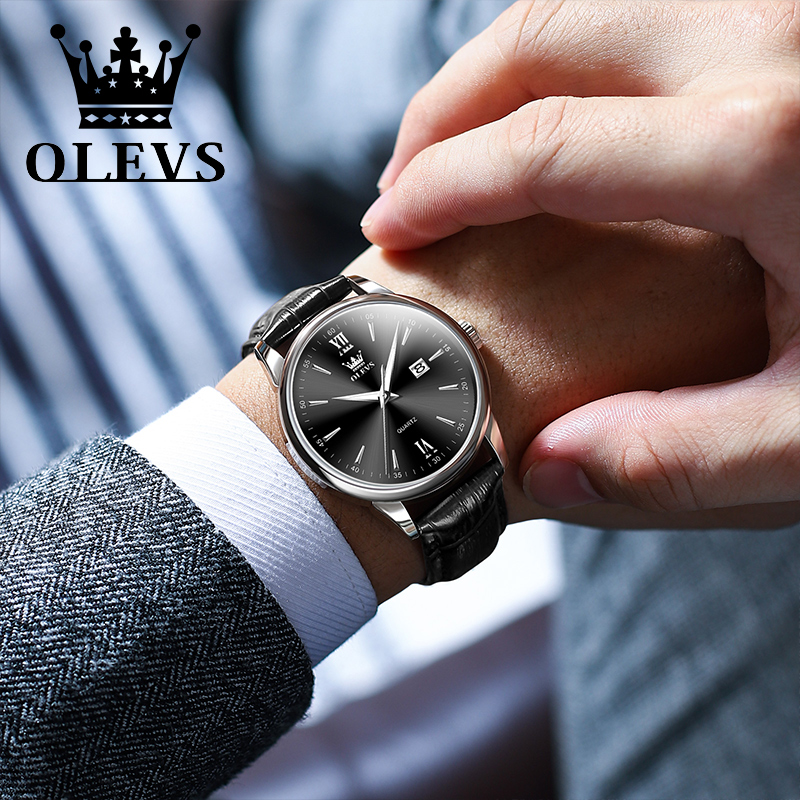 OLEVS 高級ビジネスクォーツ時計男性用レザーストラップオリジナルカジュアル防水男の腕時計高品質メンズ腕時計
