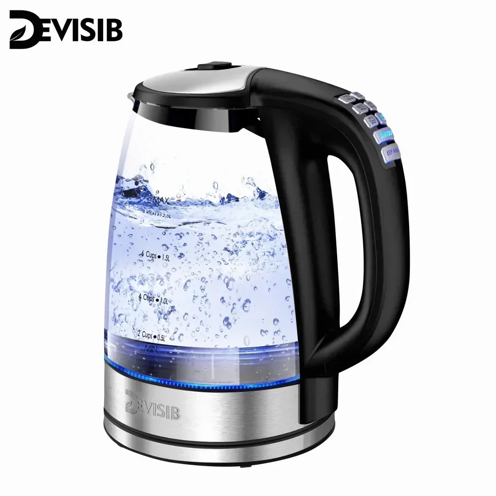 Devisib 2.0l chaleira elétrica de vidro 2200w com controle de temperatura 4 horas manter quente desligamento automático proteção contra fervura-seco para café e chá
