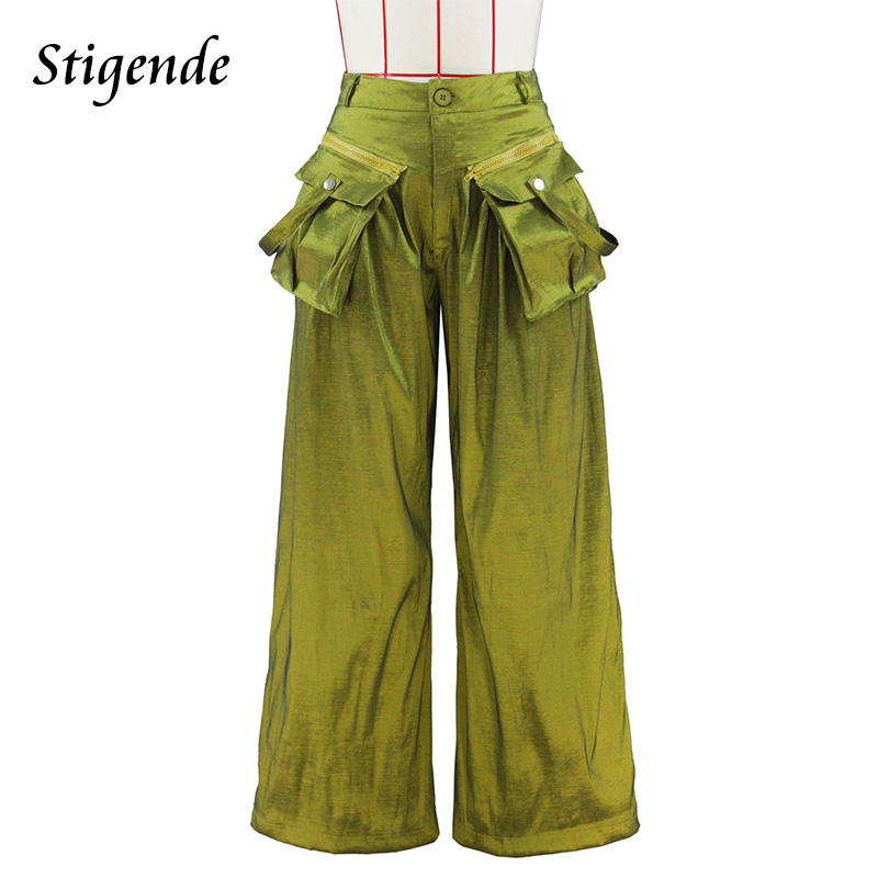 Stigende Wide Leg Loose Cargo Pants Women Removable Pocket Hip Hop Pants Patchwork Stretch Straight Baggy Trousers Streetwear