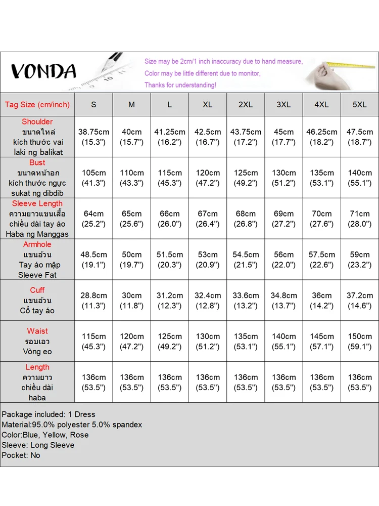 プラスサイズ 5XL VONDA 女性エレガントな印刷ロングマキシドレス V ネックイブニングサンドレス 2025 カジュアル長袖ローブパーティー Vestidos