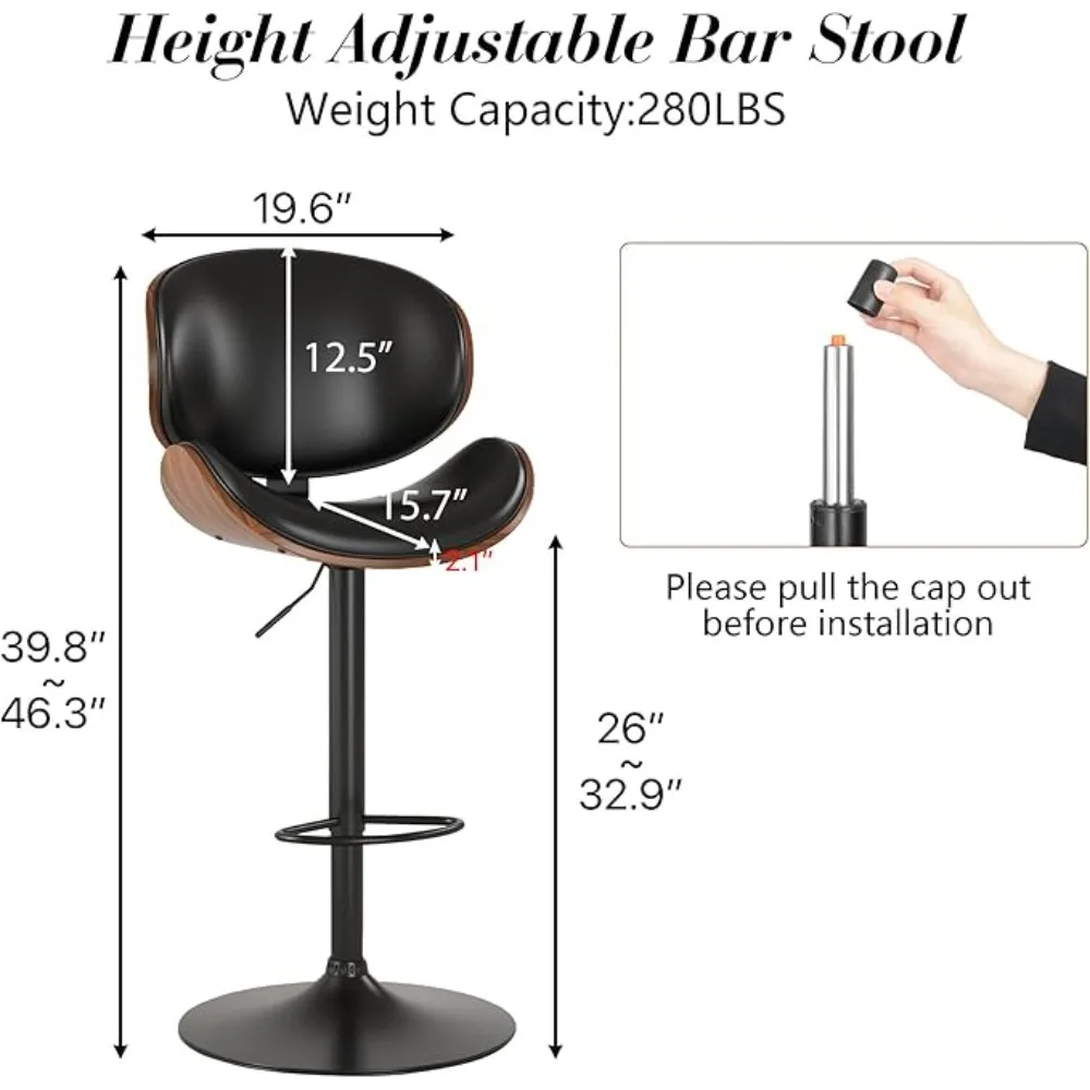 Bar Stools Set of 1 or 2, Swivel Adjustable Height Barstools, PU Leather Upholstered Bars Chair w/Footrest, Bentwood Bar Stool