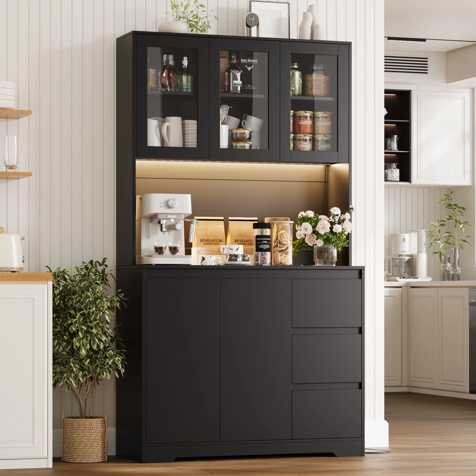 Getone Bufet kuchenny z diodą LED, Szafa kuchenna Bufet z 3 gniazdami na szuflady Regulowana półka 100x38,5x180cm