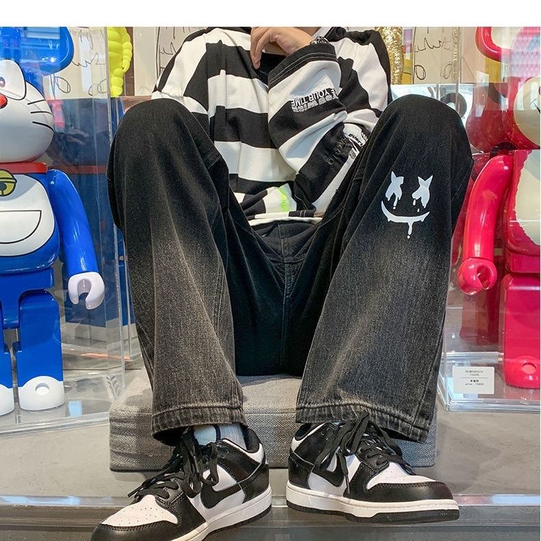 Брюки-багги мужские в стиле Харадзюку, с принтом улыбки