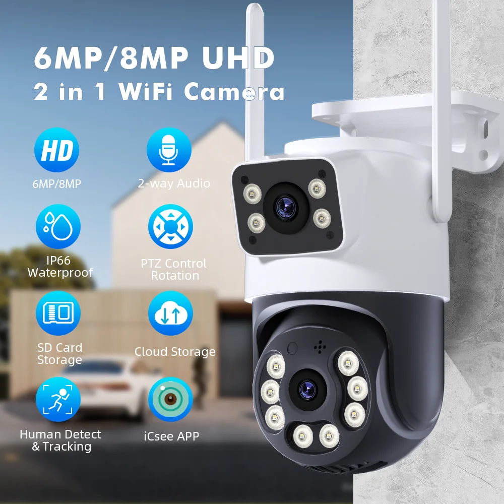 8MP 4K iCSee WiFi Telecamera PTZ Doppio Schermi Auto Tracking Visione Notturna CCTV Telecamera di Sorveglianza Esterna 6MP Telecamera IP di Sicurezza