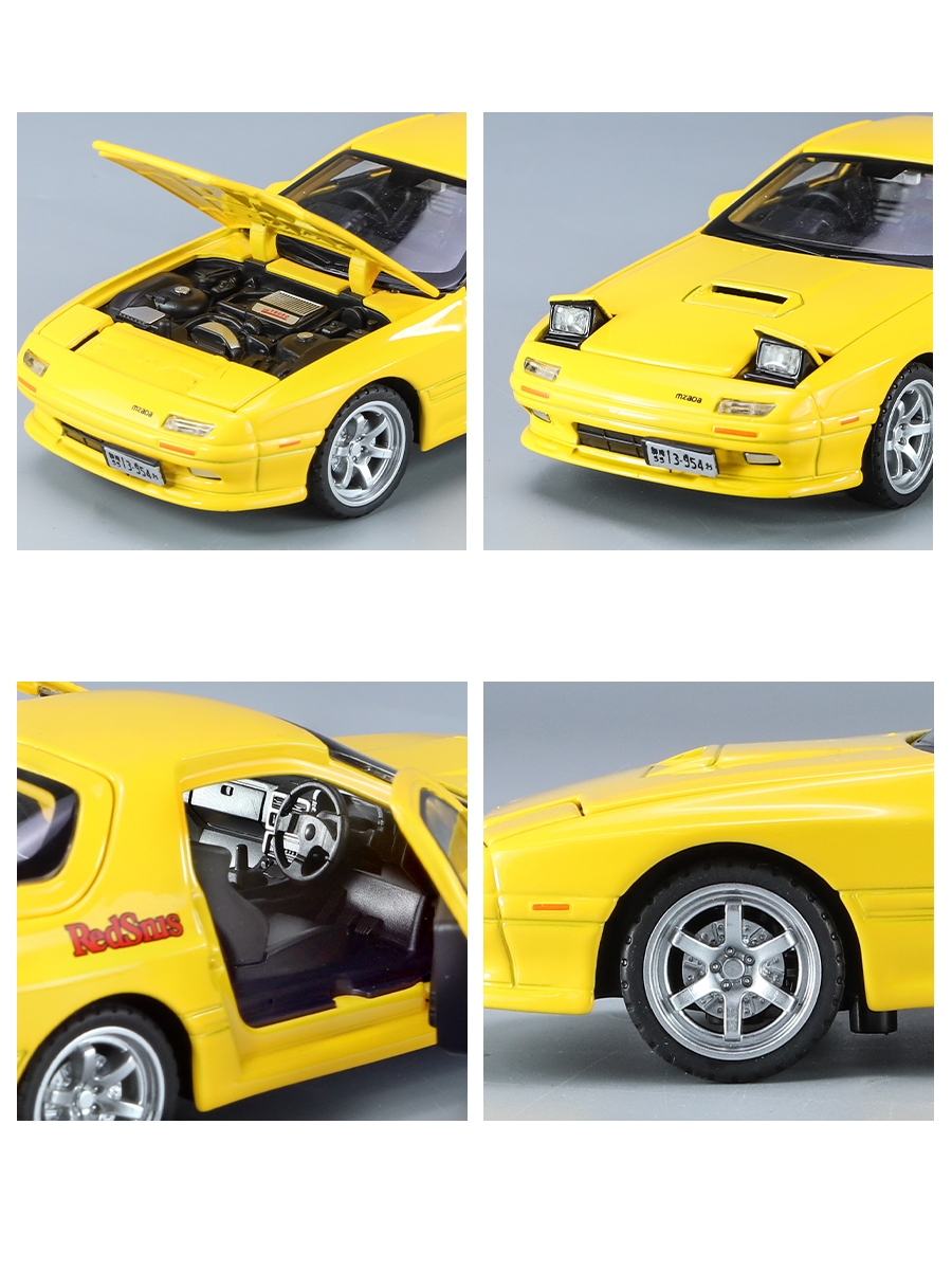 1/32 Mazda RX7 Initial D Miniature Diecast RX-7 Toy Car Model Sound & Light Doors Openable Collection Gift for Children Boy Kid