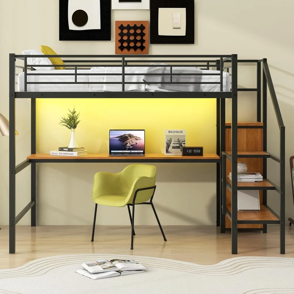Merax Metal Full Size Loft Bed with Desk, Full Loft Bed with Storage Staircase, Small Wardrobe and Light for Kids