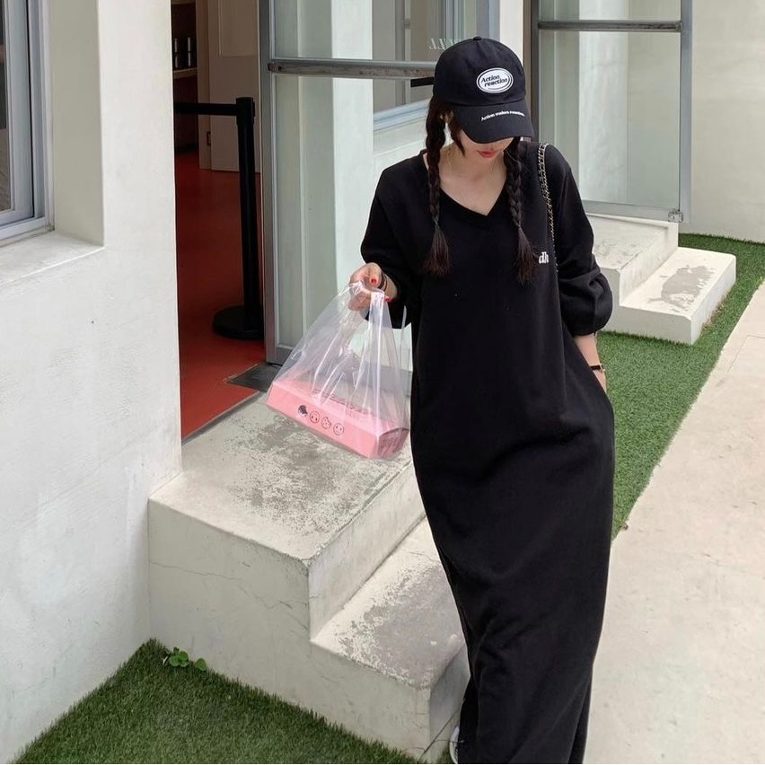 달콤한 스웨트셔츠 드레스 V넥 롱 슬리브 롱 드레스 달콤한 긴 길이 V넥 스웨트셔츠 드레스 스웨트셔츠 원피스 드레스