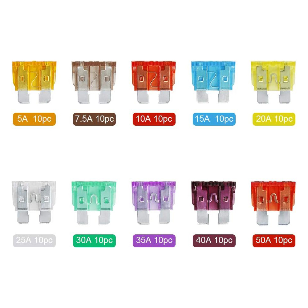 100-delige standaard zekeringen Kit Autozekeringen Assortiment Kit Standaardformaat Automotive Blade Fuse voor camper, auto, vrachtwagen, marine, boot