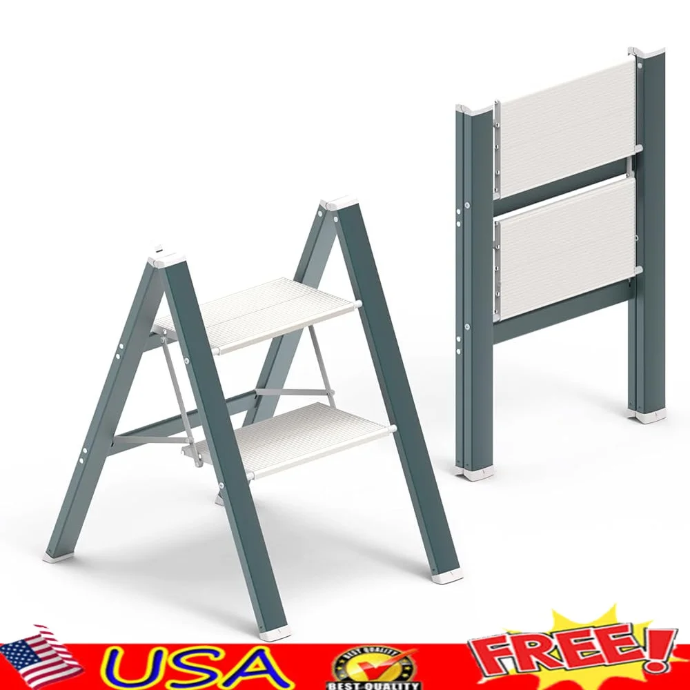 Foldable 2 Step Stool Lightweight Aluminum Ladder Anti-Slip Steps Portable Easy Storage Kitchen Closet Home Use Gardening Decor