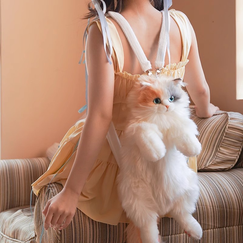 Mochila súper realista de gato de tres flores, bolso de compras de muñeco de peluche de gato bonito hecho a mano puro, bolsa de maquillaje de almacenamiento de viaje, regalo de cumpleaños