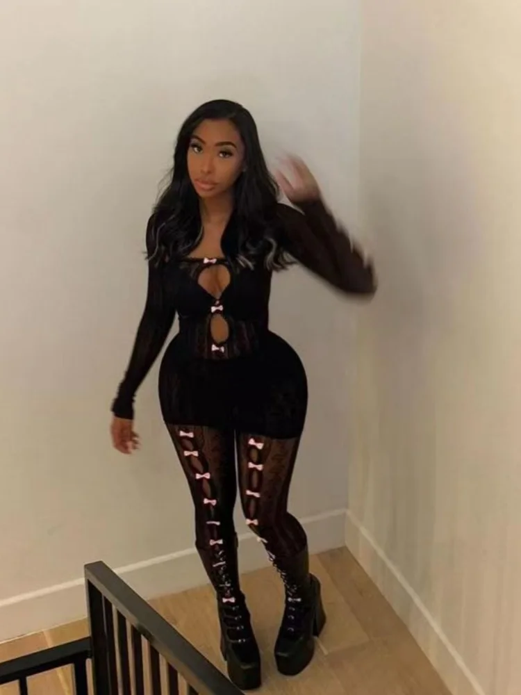 Joskaa-女性の蝶ネクタイストレッチロングソックス、レースレギンス、ヒップスターカット、伸縮性のあるウエスト、タイトフットパンツ、クラブウェア、セクシー、夏、2024