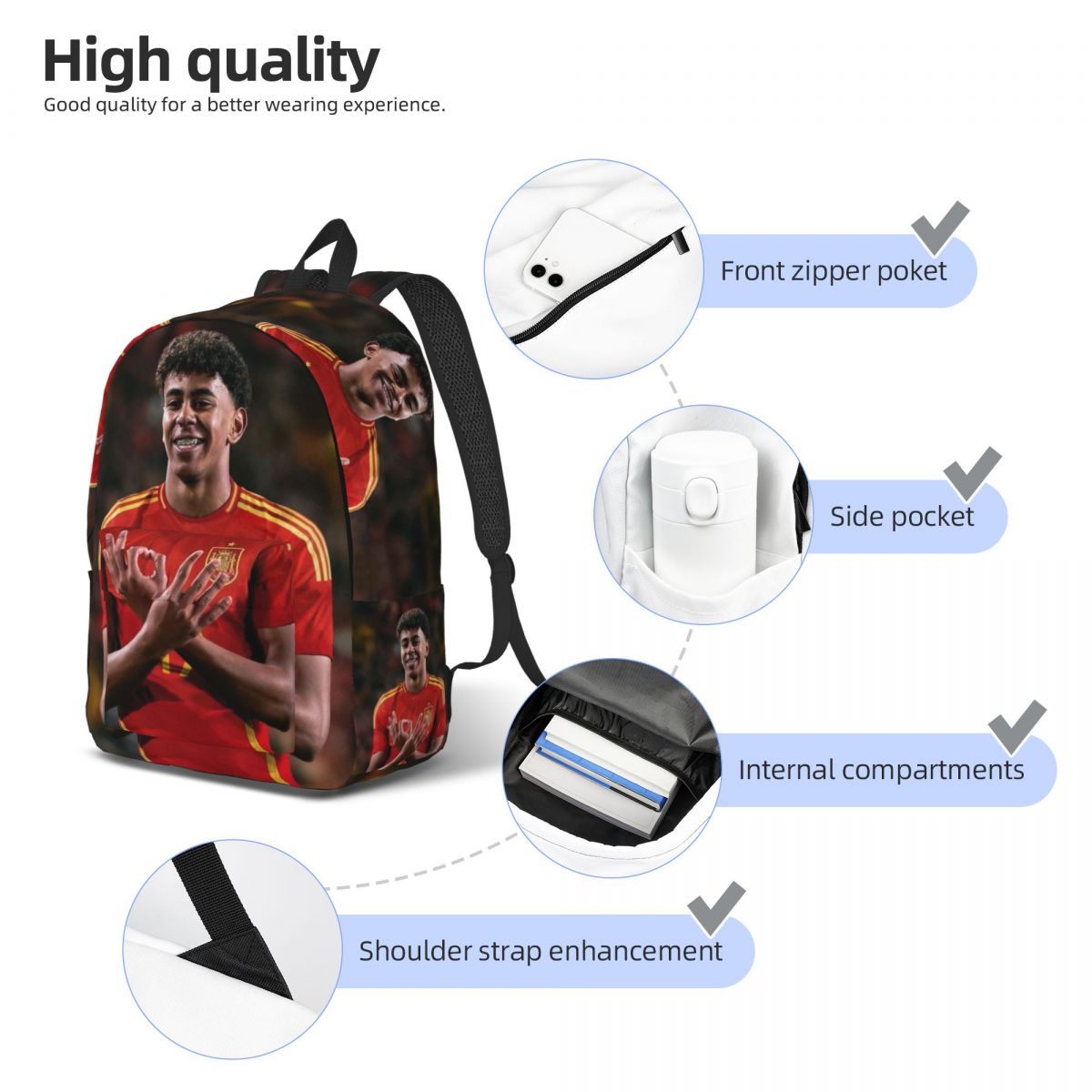 Lamine Y-Yamal Fashionable and avant-garde, fully printed, comfortable student backpack for carrying.