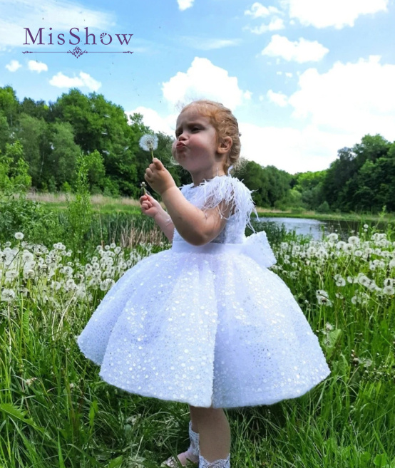 Misshow-2〜14歳の女の子のためのキラキラビーズ付きプリンセスドレス、ホワイト、フェザーボウ付き、結婚披露宴、ボールガウン、聖体拝領