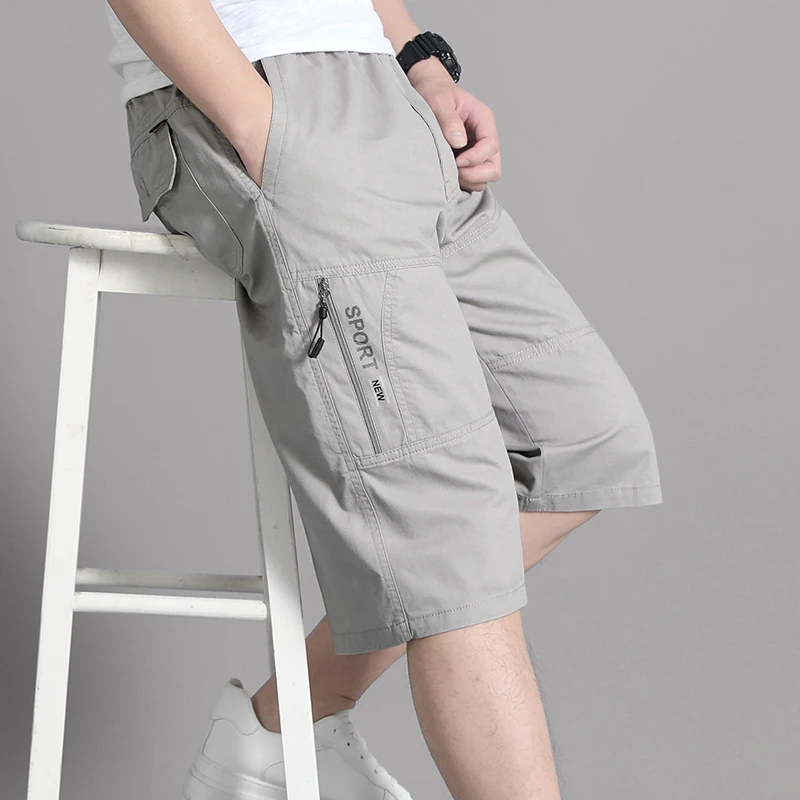 Pantalones cortos tipo cargo para hombre, pantalones hasta la rodilla con bolsillo con cremallera, pantalones cortos de algodón para verano, pantalones cortos de escalada para correr, ropa deportiva con cintura elástica